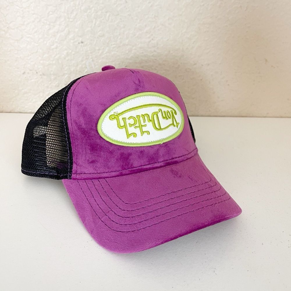 NWT VON DUTCH PURPLE LIME VELVET CRUSH TRUCKER HAT - Picture 3 of 7